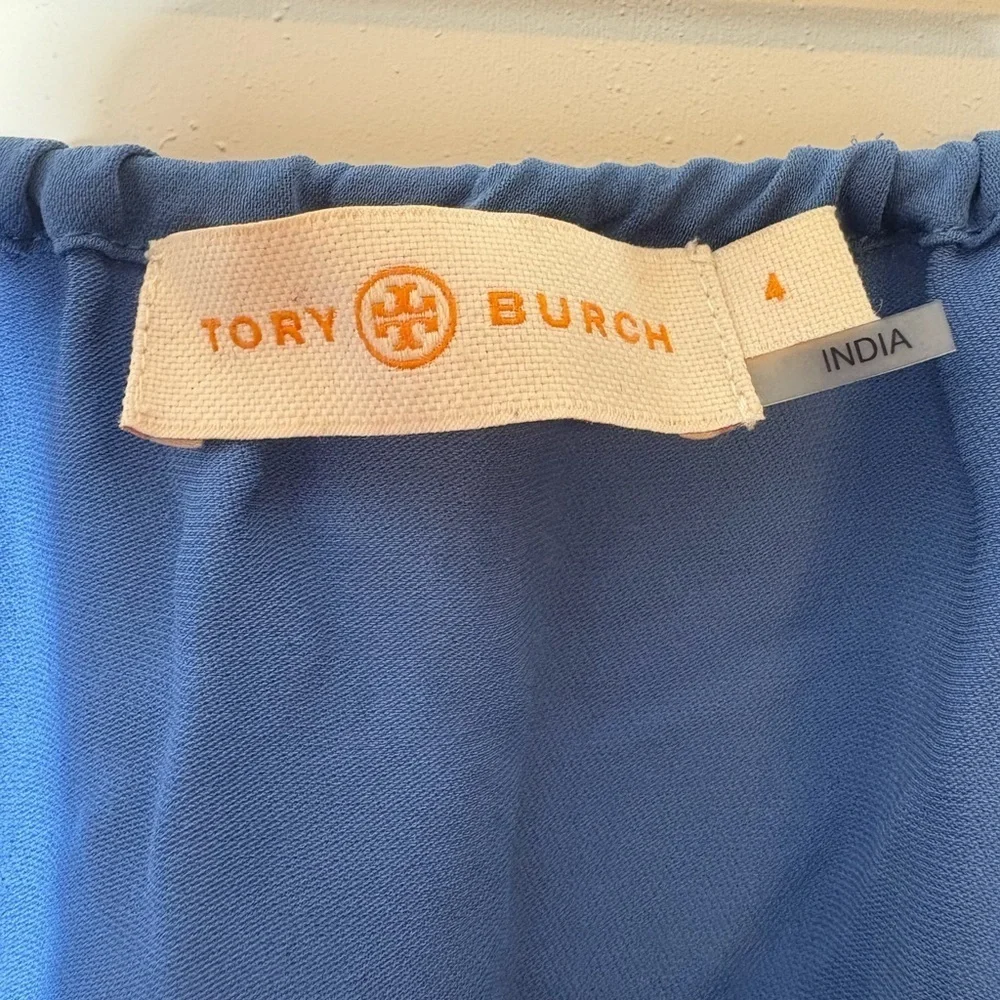 TORY BURCH Blue Silk Fringe Long Sleeves SYLVIE Blouse Size 4 $325